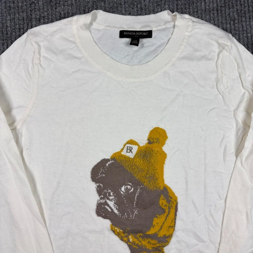 Banana‎ Republic Sweatshirt Mens XS White French Bulldog Graphic Knit Crewneck